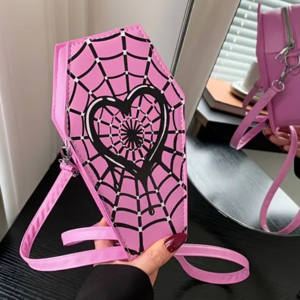 {NEW} Crossbody Bag With Heart Shaped Spider Web Pattern Pink